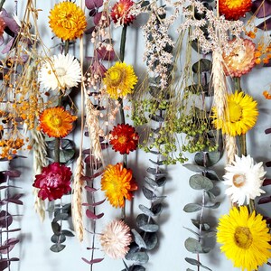 May include: A wall hanging made with dried flowers and greenery. The flowers are in shades of yellow, orange, red, and white. The greenery is a variety of eucalyptus leaves.