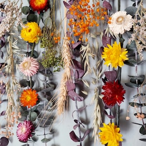 May include: A dried flower wall hanging with a variety of colors and textures, including yellow, orange, red, pink, and white. The flowers are arranged in a cascading pattern and are interspersed with dried grasses and eucalyptus leaves.