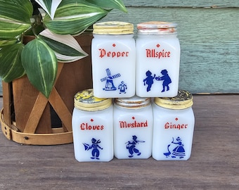 Vintage 1930s Milk Glass Spice Jar Set – Frank Tea, Mid Century Kitchen