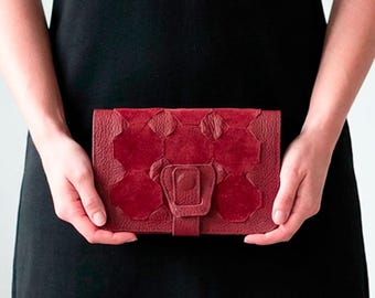 Cartera grande de piel tejida roja, cartera delgada para pasaporte y teléfono, incluye bolsillo con cremallera, organizador de viaje para mujer - Cartera Iole