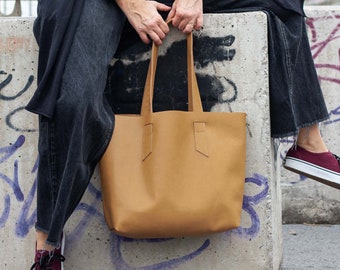 Raw edge caramel leather tote shoulder bag, pebbled purse shopper bag shoulder women large market bag unlined leather tote gift -Calisto bag