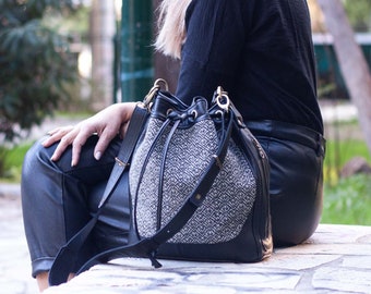Black Leather and Tweed Drawstring Duffle Shoulder Bag-2 - Etsy display picture 3