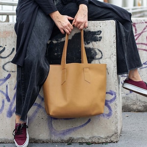 Raw edge caramel leather tote shoulder bag, pebbled purse shopper bag shoulder women large market bag unlined leather tote gift -Calisto bag