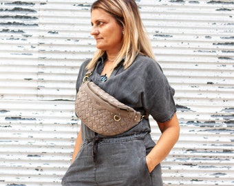 Fanny pack in stone grey hand woven leather, large waist bag chest bag belt hip bag bum bag sling bumbag moon bag gift - Haris fanny pack