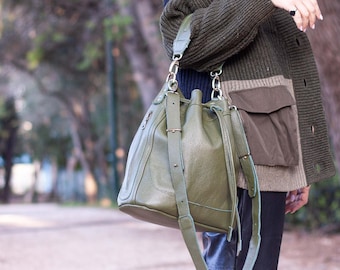 Leather bucket bag in green, drawstring bag medium purse womens cinch bag  crossbody messenger crossover small purse - Danae bag