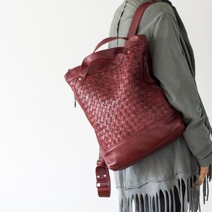 Burgundy hand woven leather backpack, laptop backpack work simple soft leather bag with zipper 15 MacBook 13 daypack gift The Minos Bag image 1