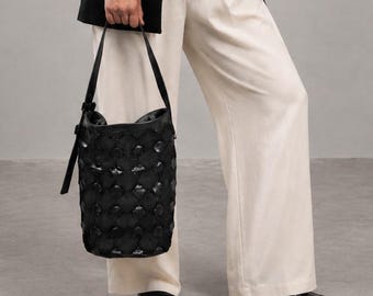 Black Woven Leather Shoulder Bag, Round Leather Purse, Magnetic Closure, Adjustable Strap - Lyda Bag