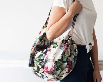 Floral crossbody bag canvas with black leather strap, hobo flower purse crossover bag shoulder slouchy shoulder bag - Crossbody Kallia bag