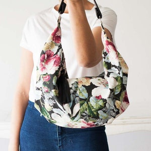 Floral hobo bag with canvas and black leather, cotton purse flower bag slouchy bag canvas everyday bag mothers day gift Mini Kallia bag image 1