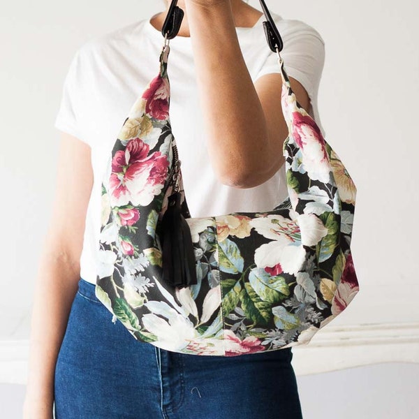 Floral hobo bag with canvas and black leather, cotton purse flower bag slouchy bag canvas everyday bag mothers day gift - Mini Kallia bag