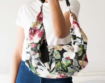 Floral hobo bag with canvas and black leather, cotton purse flower bag slouchy bag canvas everyday bag mothers day gift - Mini Kallia bag