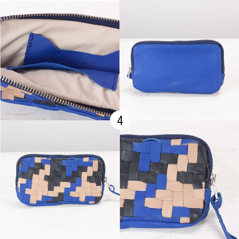 May include: A blue leather zippered pouch with a woven leather design. The pouch is open to show the inside lining. The pouch is on a white surface.
