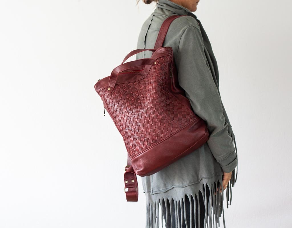 Burgundy Hand Woven Leather Backpack, Laptop Backpack Work  display picture 1