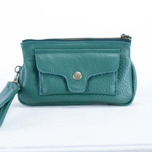Cartera de piel color verde petróleo, con cremallera, soporte para teléfono y tarjetero, porta pasaporte, mini clutch, regalo para mujer - Thalia Wallet