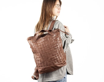 Chocolate brown hand woven leather backpack, laptop backpack work simple soft bag with zipper 15 macbook 13 daypack gift -The Minos backpack