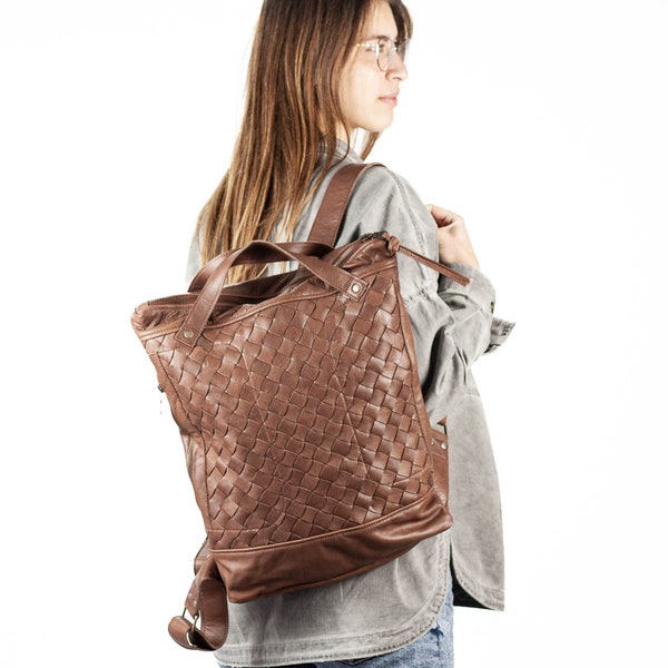 Chocolate brown hand woven leather backpack, laptop backpack work simple soft bag with zipper 15 macbook 13 daypack gift -The Minos backpack