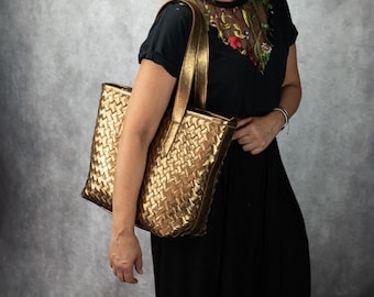Messing handgeweven leren draagtas, gevlochten gevoerde leren portemonnee shopper Intrecciato-schoudertas grote markttas dames - Calisto-tas