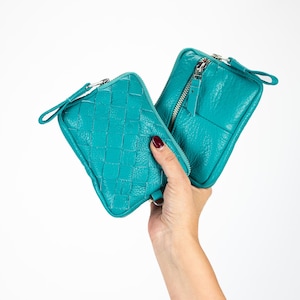 Turquoise leather small wallet, coin pouch zipper pocket passport hand woven slim wallet credit cards case gift- The mini Antheia wallet