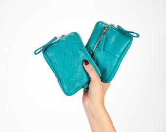 Turquoise leather small wallet, coin pouch zipper pocket passport hand woven slim wallet credit cards case gift- The mini Antheia wallet