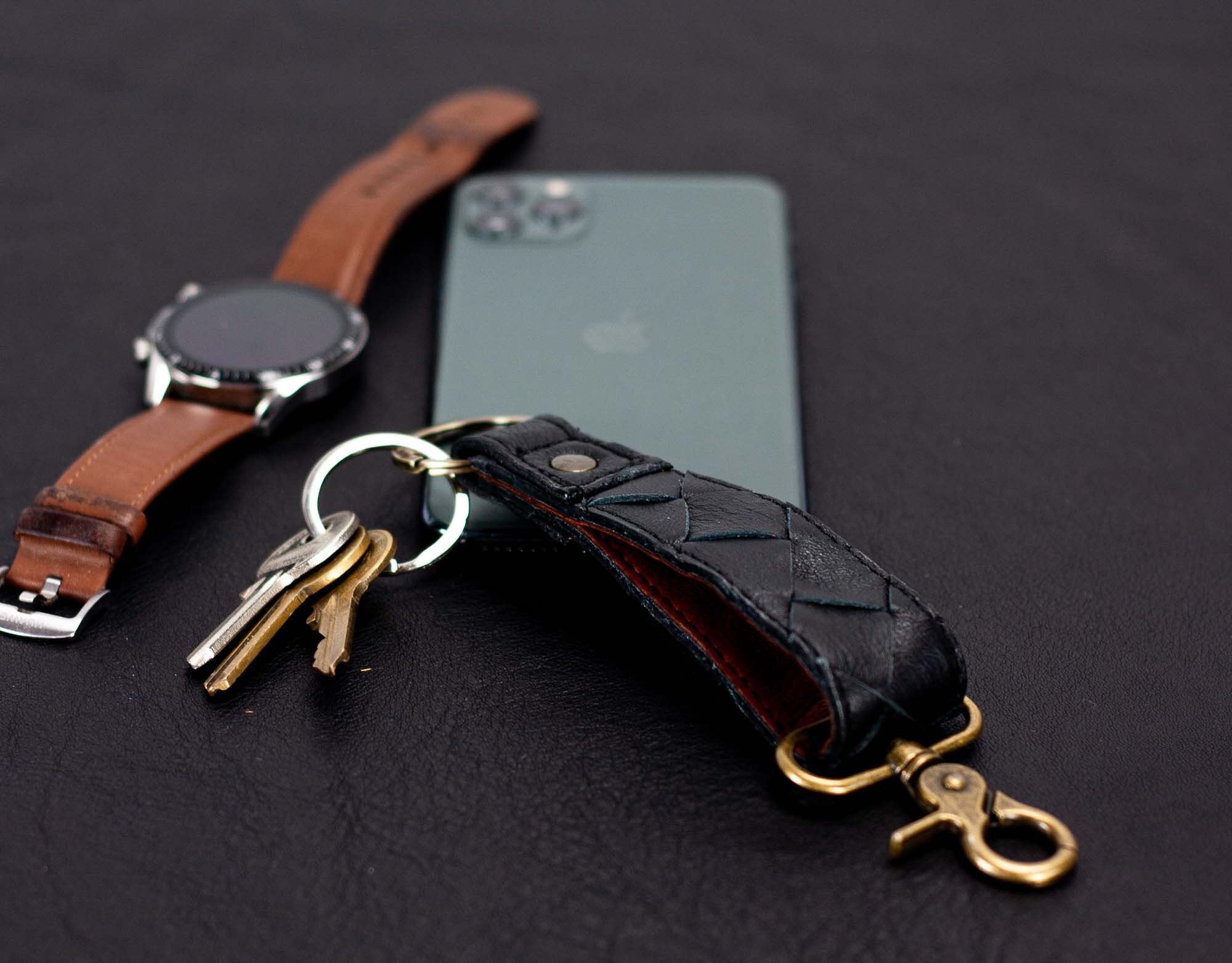 Black Leather Hand Woven Key Fob Clip, Keyring Loop Key