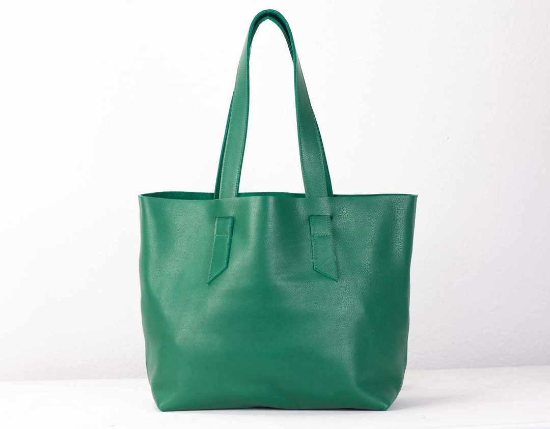 Jade Green Leather Tote Bag Raw Edge Leather Purse Shopper Etsy