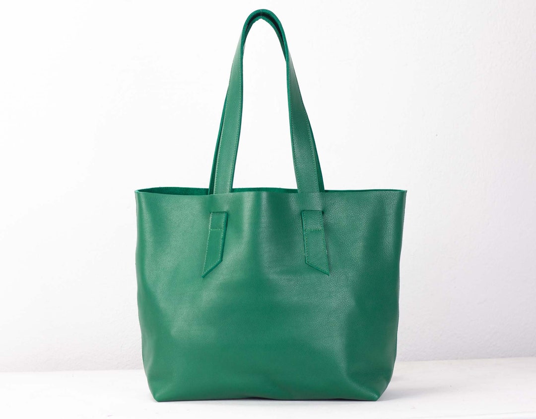 Jade Green Leather Tote Bag Raw Edge Leather Purse Shopper - Etsy