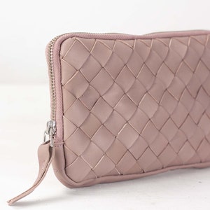Beige pink leather hand woven zippered wallet, clutch purse zipper phone case money bag phone case purse handbag The Chloe wallet clutch image 2