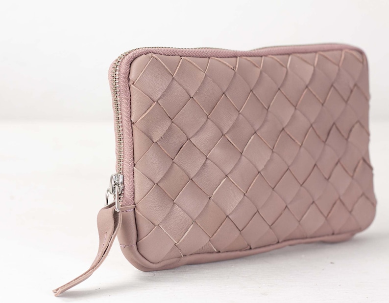 Beige pink leather hand woven zippered wallet, clutch purse zipper phone case money bag phone case purse handbag The Chloe wallet clutch image 2