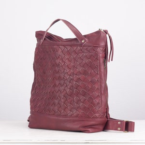 Burgundy hand woven leather backpack, laptop backpack work simple soft leather bag with zipper 15 MacBook 13 daypack gift The Minos Bag image 2