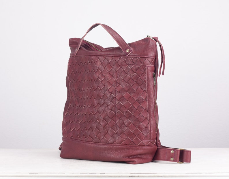 Burgundy hand woven leather backpack, laptop backpack work simple soft leather bag with zipper 15 MacBook 13 daypack gift The Minos Bag image 2