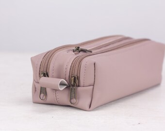 2REC Slim case - Beige roze lederen potloden tas, make-up tas rechthoekige accessoire tas tas tas bril markers rits zakje cadeau voor haar