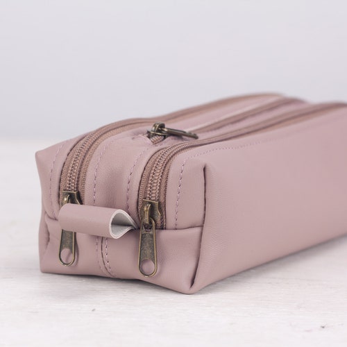Pink Beige Leather Makeup Bag Accessory Bag Pencil Case Etsy