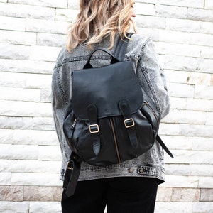 Black leather backpack, travel backpack pocket backpack back bag women laptop daypack knapsack everyday large gift for her Artemis backpack image 1