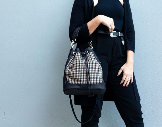 Black Bucket Bag in Leather and Wool Drawstring Bag Medium 