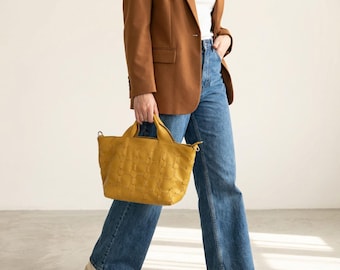 Mustard Yellow Handwoven Leather Tote, Small Shoulder Bag with Strap - Helon purse