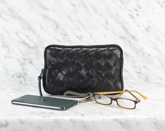 handgewebte schwarze Leder Portemonnaie, Clutch Geldbörse Zipper Handytasche Geldtasche Kreditkarten Geldbörse Handtasche Geschenk - The Chloe Wallet Clutch