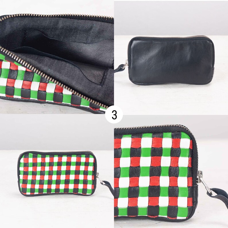 May include: A black leather zippered pouch with a checkered pattern in red, green, and white. The pouch is open to show the black lining.