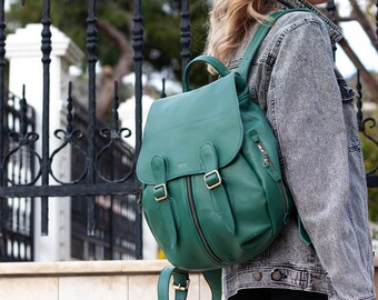 Leather backpack in petrol green, womens travel backpack pocket back bag laptop diaper daypack knapsack everyday large  - Artemis backpack