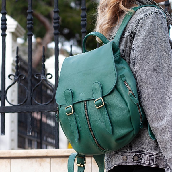 Leather backpack in petrol green, womens travel backpack pocket back bag laptop diaper daypack knapsack everyday large  - Artemis backpack
