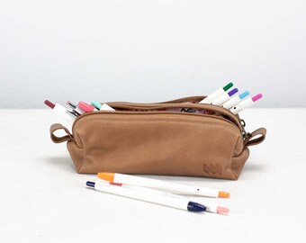 REC Double case - Milk coffee brown leather pencils case, planners rectangular accessory bag purse case glasses markers zipper pouch gift