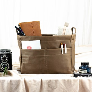 Inserto de bolso de cuero suave marrón caqui, organizador de bolso, organizador de bolso de pañales, inserto de bolso grande extraíble, inserto de bolso, regalo - Organizador de bolsos