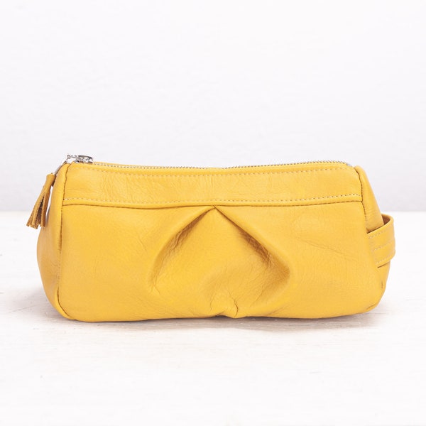 Leather accessory bag in yellow, makeup case cosmetic bag vanity storage pencil case utility storage toiletry bag - Estia Bag