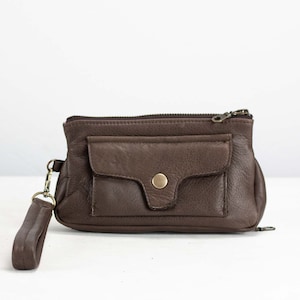 Cartera de piel color marrón tierra con cremallera, porta teléfono y tarjetero, porta pasaporte, clutch para teléfono, regalo para mujer - Cartera Thalia