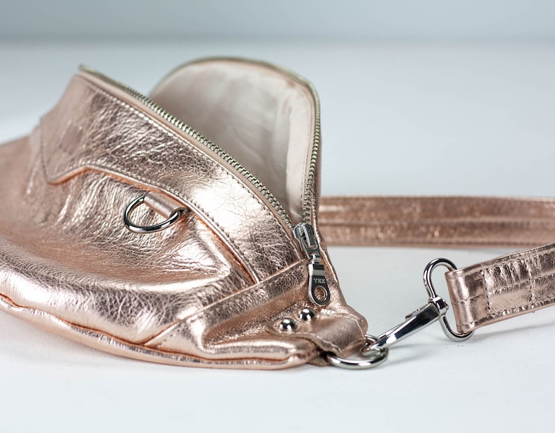 Fanny pack in Silver or Rose gold coated leather, metallic chest bag moon hip bag large waist belt bag mothers day gift Haris fanny pack image 9