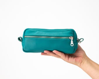 Teal Blue Leather Accessory Bag: Rectangular Zipper Pouch, Pencil Case