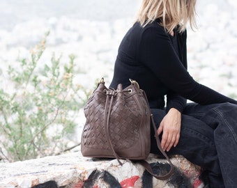 Drawstring bucket bag in hand woven terra brown leather, medium purse womens cinch bag  crossbody messenger crossover purse - Danae bag