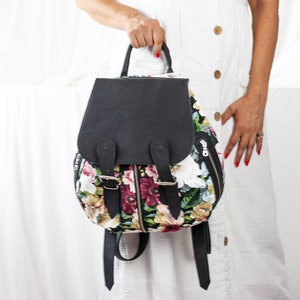 Backpack in floral canvas and black leather, travel backpack canvas rucksack knapsack everyday flower back bag women Artemis backpack image 2