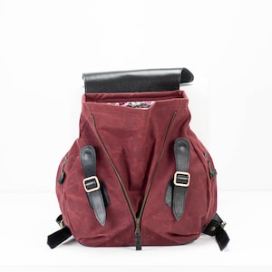 Backpack in burgundy waxed canvas and black leather, travel gift for her women pocket bag rucksack everyday back bag Artemis backpack image 4