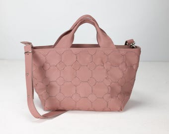Blush Pink Handwoven Leather Tote, Small Shoulder Bag with Strap - Helon purse