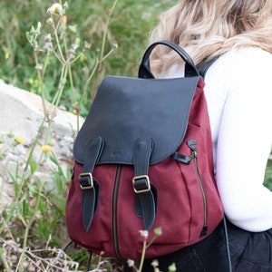 Backpack in burgundy waxed canvas and black leather, travel gift for her women pocket bag rucksack everyday back bag Artemis backpack image 1